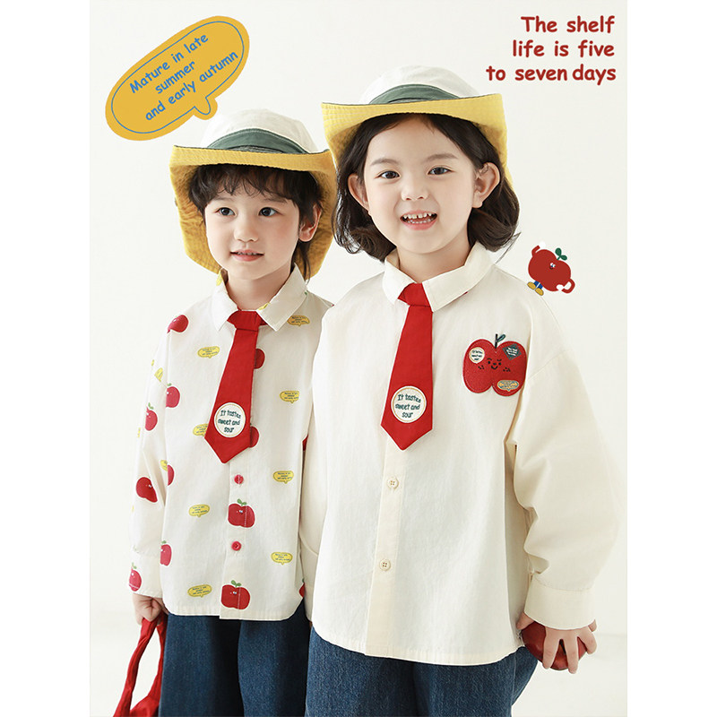 幼悠女童 苹果达人系列2025春季简洁翻领衬衫撞色插肩袖T恤多件套,淘宝优惠券,粉丝福利购,淘宝优惠卷