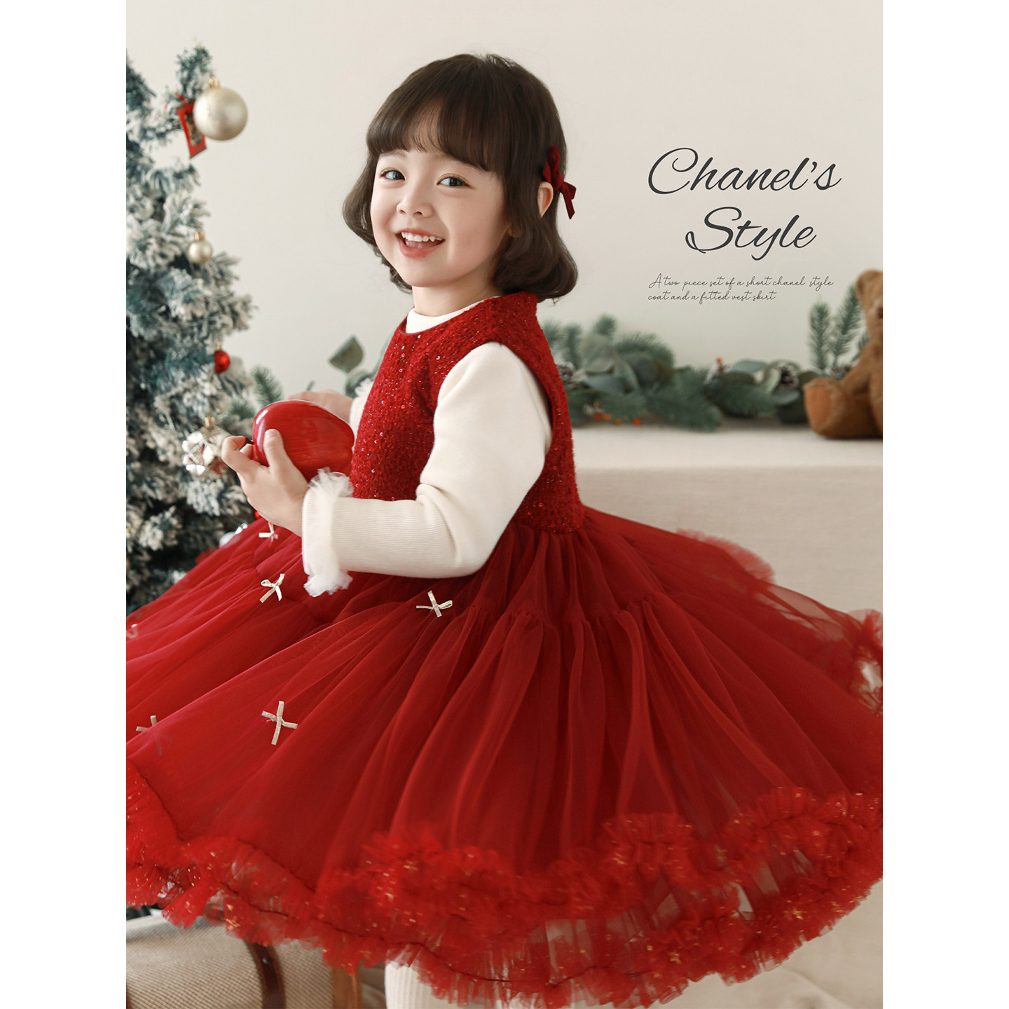 幼悠女童2025冬季新款圣诞加绒保暖网纱背心裙小香风女孩公主裙潮,淘宝优惠券,粉丝福利购,淘宝优惠卷