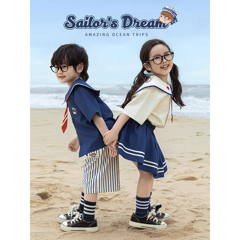 幼悠女童海军风安安系列夏季清爽透气百褶裙插肩撞色短袖多件套潮,淘宝优惠券,粉丝福利购,淘宝优惠卷