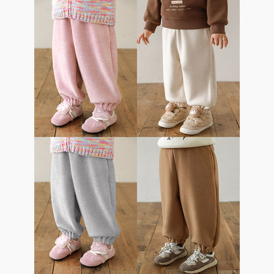 幼悠女童纯色加绒加厚束脚运动裤冬季俏皮可爱防风保暖针织长裤潮