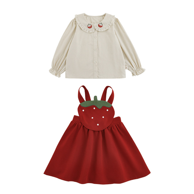 幼悠 女童2025春秋套装儿童草莓刺绣娃娃翻领衬衫A字裙摆背带裙潮,淘宝优惠券,粉丝福利购,淘宝优惠卷