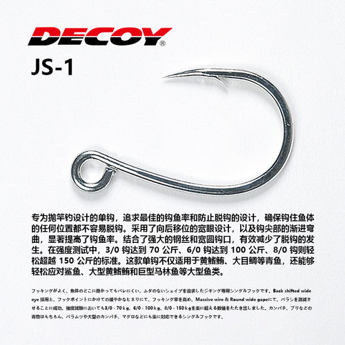 日本进口海钓铁板钩DECOY胜一路亚js-1/js-2/js-3/js-5大型鱼钩 - 图0