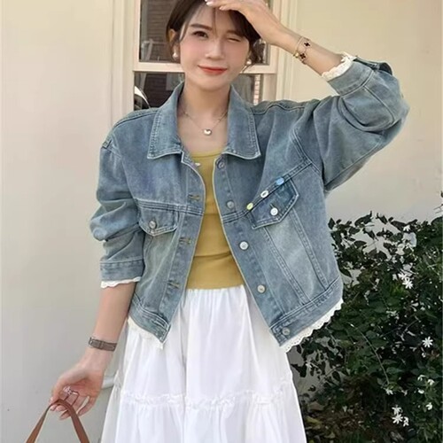 十三行蕾丝牛仔外套女装春装新款时尚欧货宽松拼接夹克短款外套女 - 图3