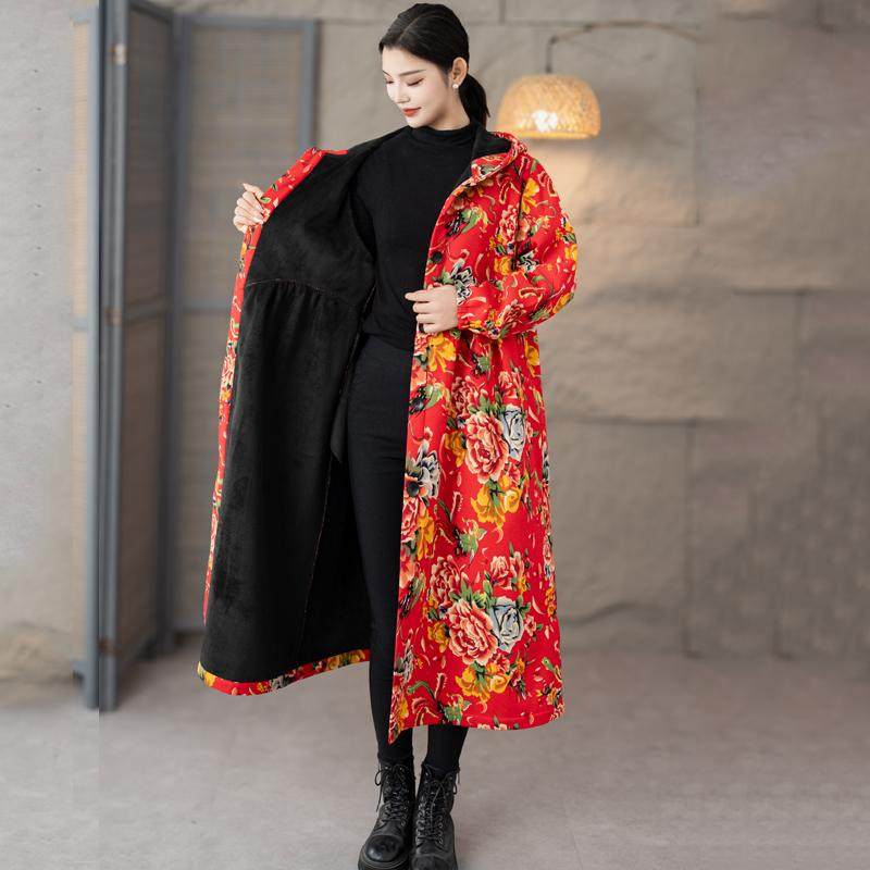 东北大花加绒新款棉麻印花民族风长款复古风衣大码秋冬装连帽外套,淘宝优惠券,粉丝福利购,淘宝优惠卷
