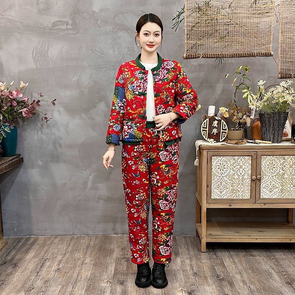 冬季网红中国风民族风东北花立领复古盘扣棉衣棉裤棉袄广场舞套装,淘宝优惠券,粉丝福利购,淘宝优惠卷