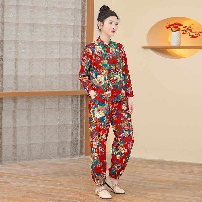 春秋季新款东北大花中式国风中老年大码上衣裤子套装女士打鼓衣服,淘宝优惠券,粉丝福利购,淘宝优惠卷