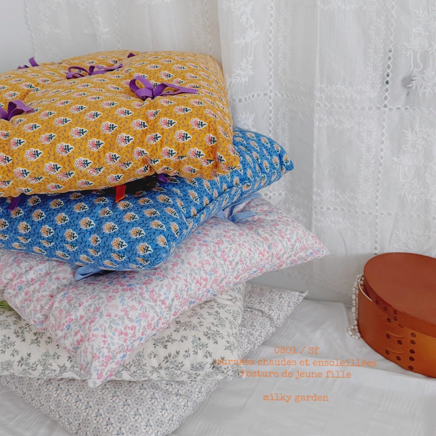 milky garden蝴蝶结方垫座椅垫碎花撞色韩系柔软小抱枕榻榻米坐垫