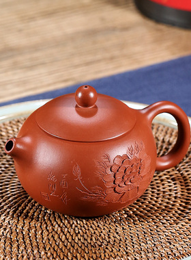 宜兴紫砂壶茶具朱泥刻牡丹富贵西施手工茗名家茶壶