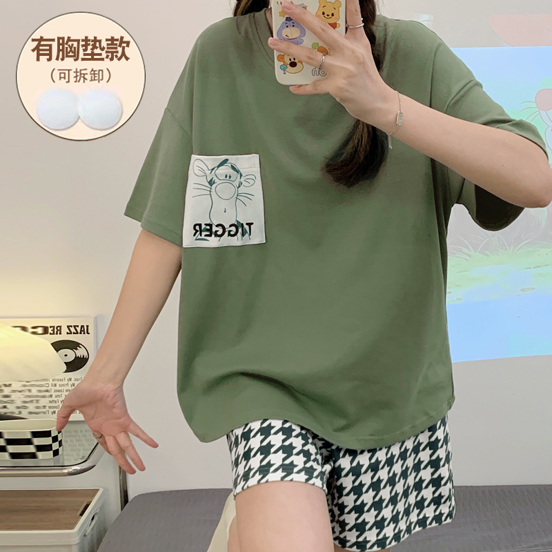 带胸垫睡衣女防凸点夏纯棉一体式可爱草莓熊短袖短裤家居服套装新-图2