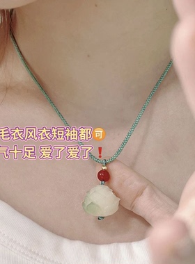 新中式平安锁莲花吊坠黑绳项链好运连连编织小众设计ins古风情侣