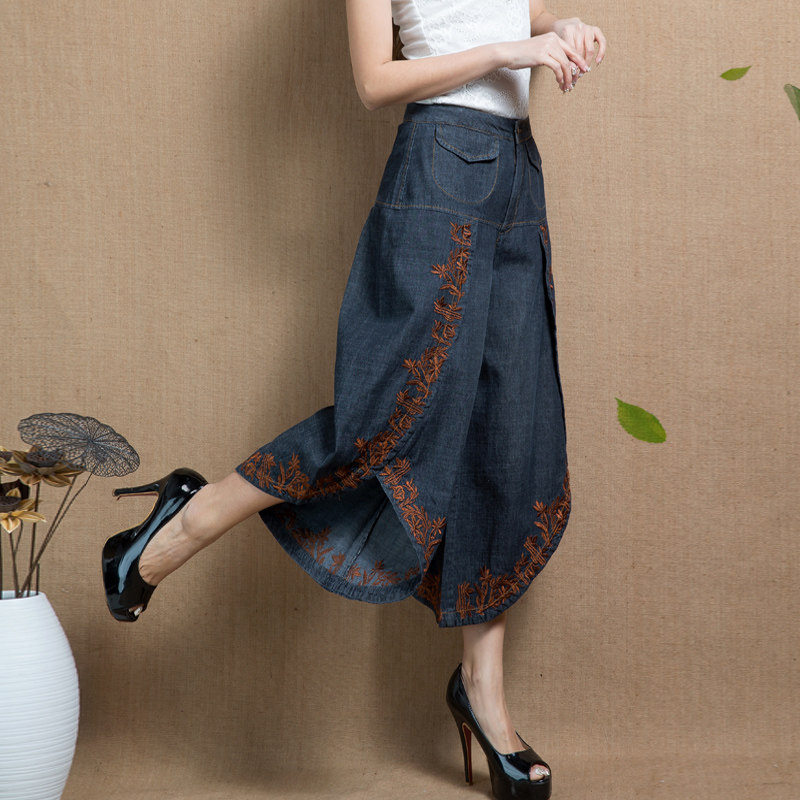 澜懿春夏a字七分裙裤绣花牛仔裙裤 澜懿牛仔裤