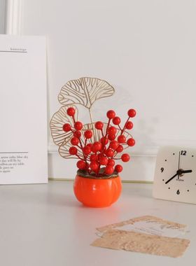 新中式仿真花红果喜庆摆件