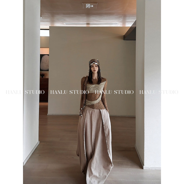 HanLu studio ຍີ່ຫໍ້ສະຕູດິໂອສອງສີທີ່ບໍ່ສະຫມໍ່າສະເຫມີຮູບແບບການປະທັບຕາບັນຍາກາດສີກາເຟທີ່ມີສາຍແຂນຍາວແຂນຍາວ