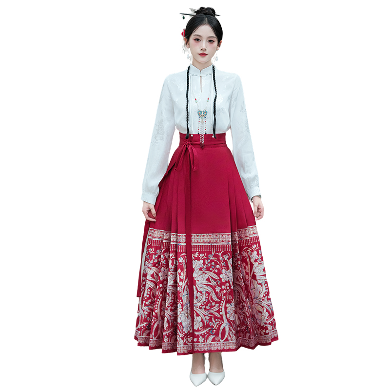 新中式国风复古提花盘扣衬衣重工织金刺绣一片式马面裙汉服女套装-图3