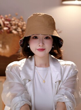 韩版休闲双面戴渔夫帽女秋季时尚显脸小花朵帽子复古文艺宽檐盆帽