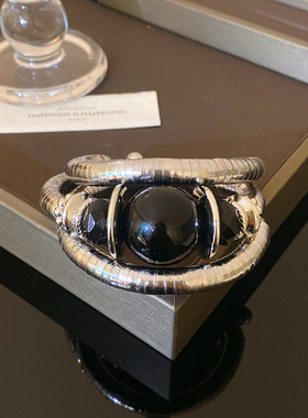 复古重工金属黑色水晶球手镯女