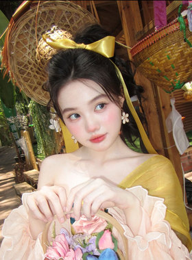 单层黄色蝴蝶结飘带发夹高级感甜美超仙温柔边夹清冷感气质发饰