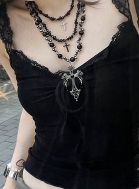 欧美双层叠戴暗黑十字架项链