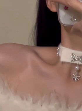 冬日蝴蝶结雪花仿珍珠项链女超仙