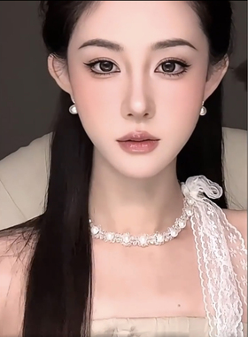 法式复古仿珍珠项链轻奢小众设计高级气质锁骨链蕾丝花朵绑带颈链