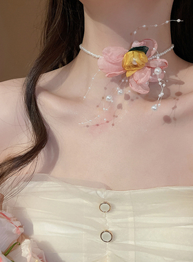 超仙粉色仿珍珠流苏花朵项链小众中式荷花锁骨链夏季甜美氛围颈链