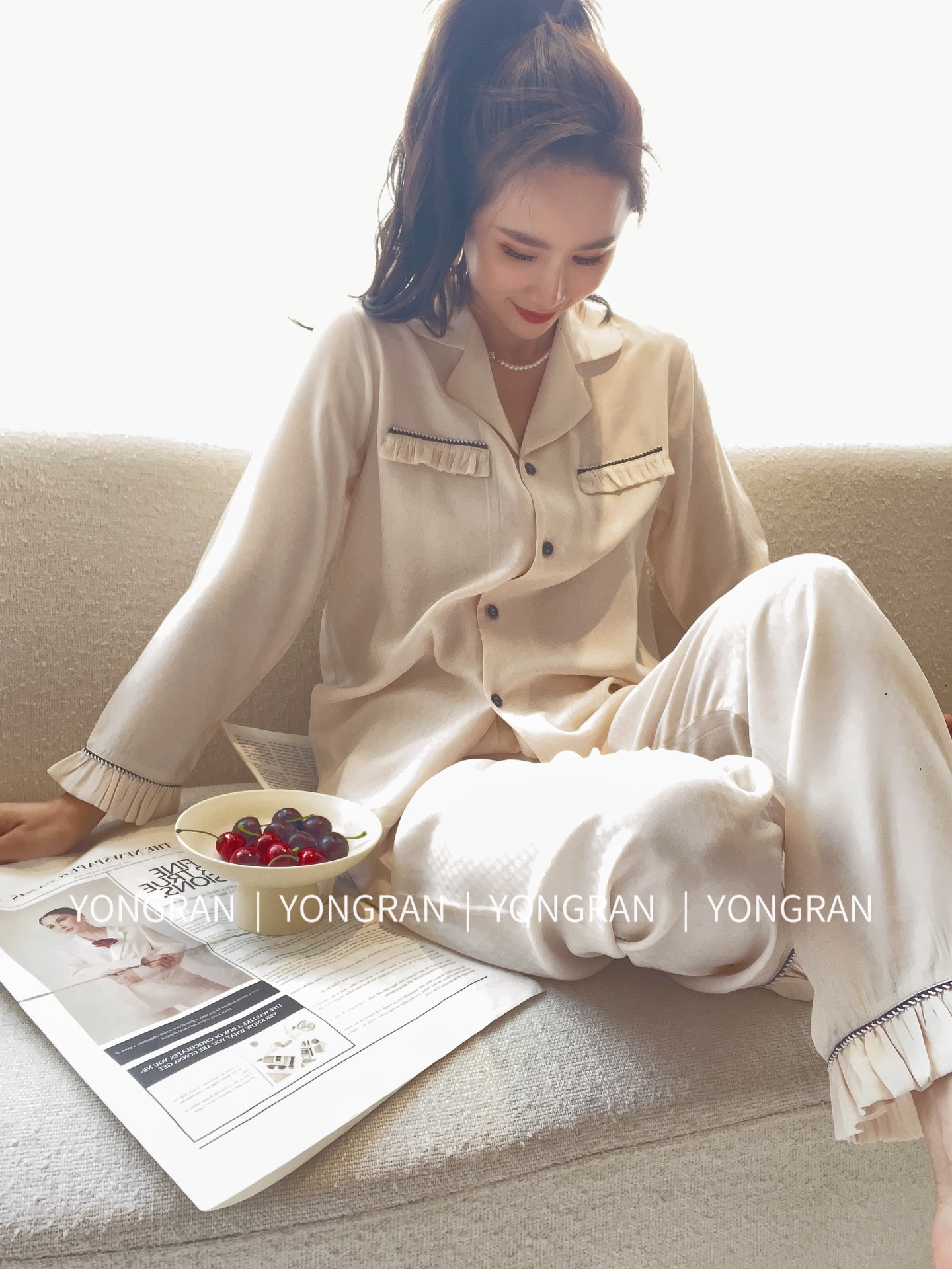 YONGRAN雍然千鸟格暗纹提花家居服长袖木耳边甜美女士睡衣春秋款 - 图1