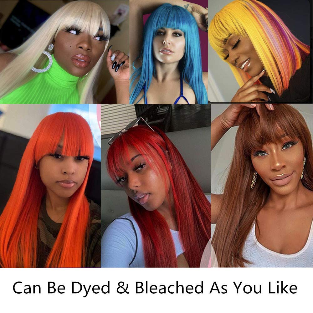 Blonde Human Hair Wigs Brazilian金黄色假发齐刘海直发全头套-图2