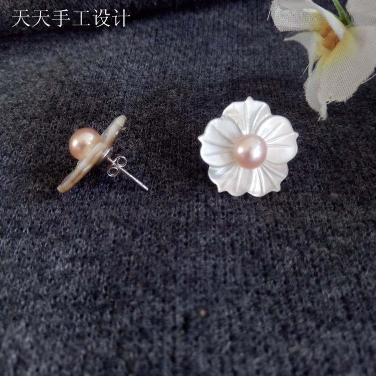 植物花卉925银耳钉白色贝壳花朵天然淡水珍珠耳环精美优雅气质 - 图0