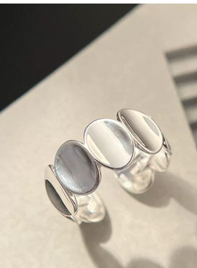 925纯银椭圆鱼鳞片戒指女ins韩国博主几何时髦高级开口设计食指环