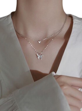 990足银蝴蝶项链女双层叠戴轻奢小众锁骨链2022年新款送女友闺蜜