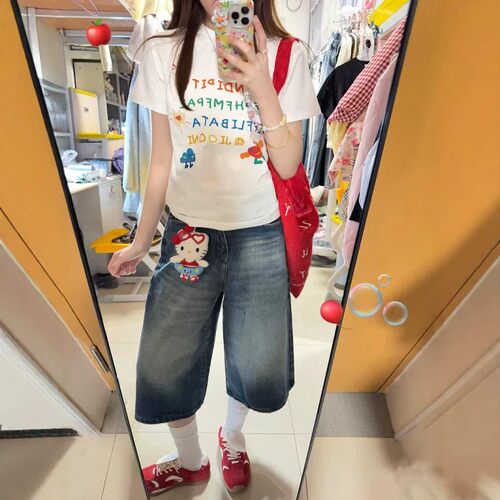 巨好看的穿搭一整套女夏季短袖牛仔七分裤两件套初中高中学生套装 - 图3