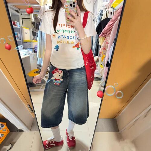 巨好看的穿搭一整套女夏季短袖牛仔七分裤两件套初中高中学生套装 - 图0