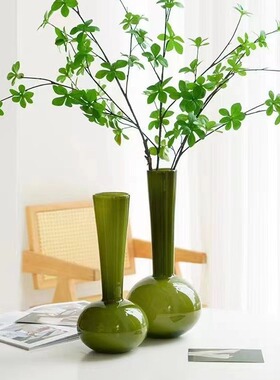 中古琉璃花瓶高级感绿色摆件桌面办公室干花花束客厅摆设一枝花高