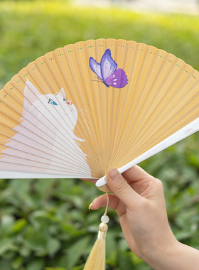 古风扇子全竹折扇中国风女古典小舞蹈扇黑色夏季猫咪彩蝶全竹扇子