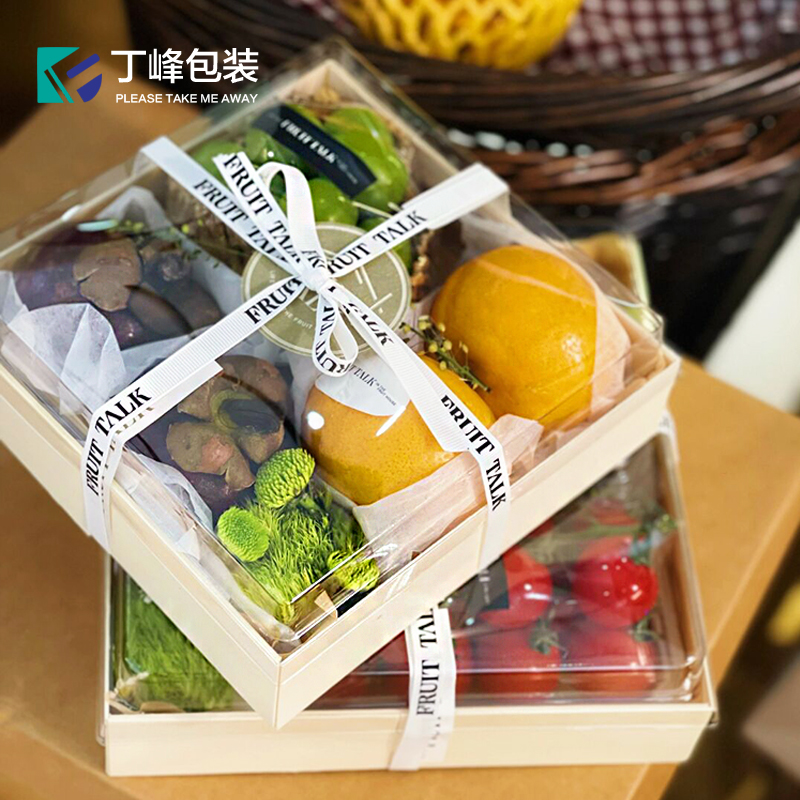 整箱一次性水果包装盒网红木质包边透明塑料盒外卖果切打包盒 - 图1