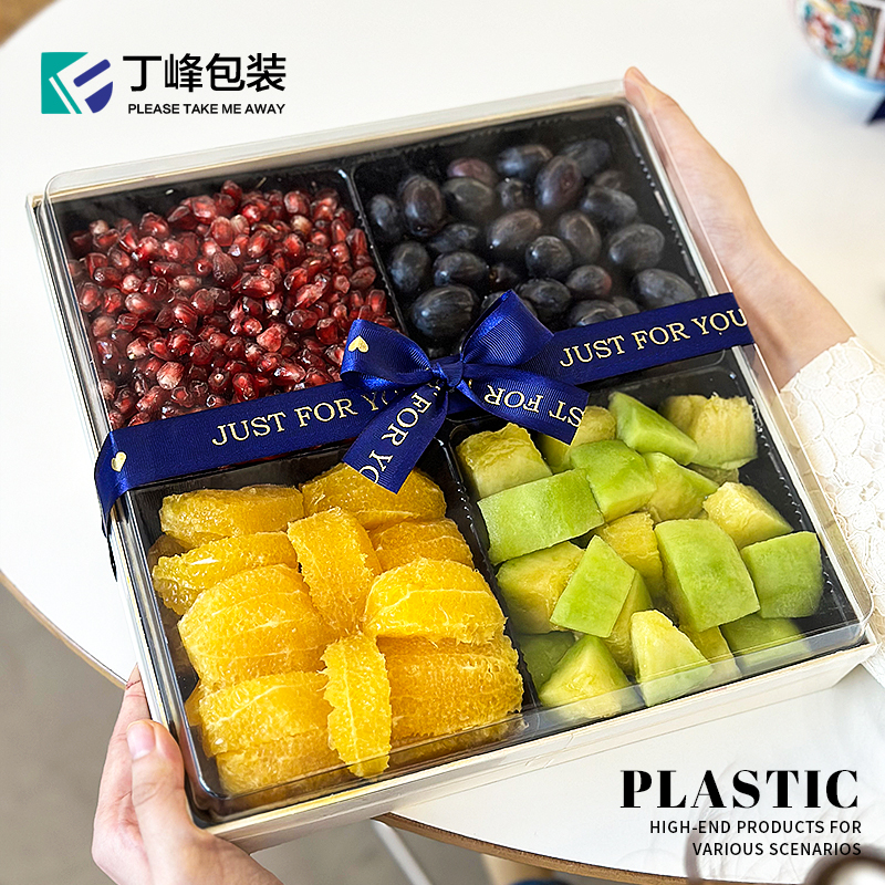 整箱一次性水果包装盒网红木质包边透明塑料盒外卖果切打包盒 - 图0
