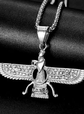 欧美钛钢镀金镶钻波斯吊坠项链