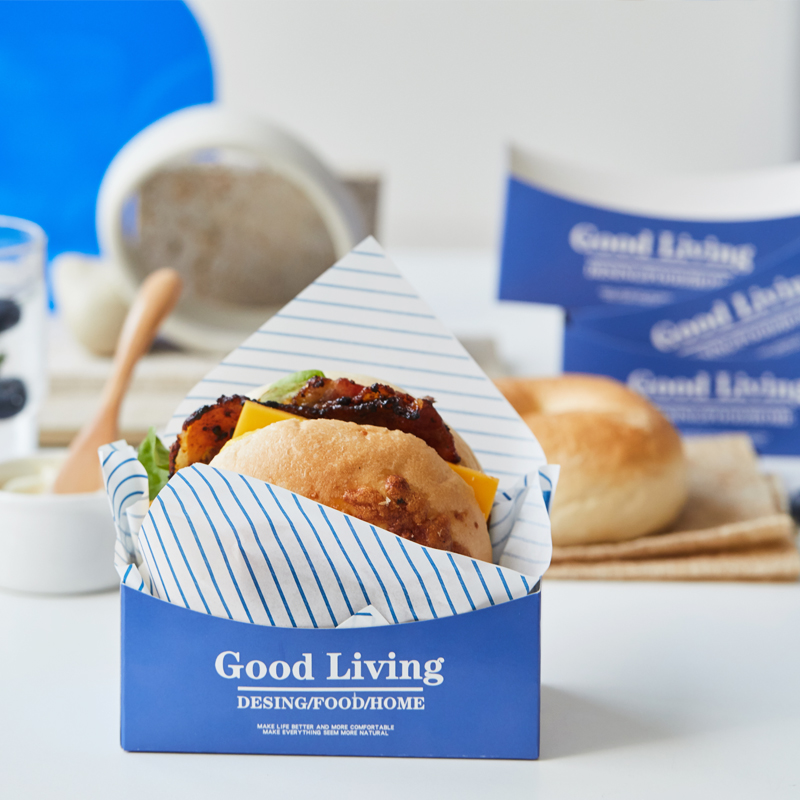 韩国同款包装盒三明治滑蛋厚蛋烧吐司纸托汉堡早餐手拿蓝色纸盒-图2