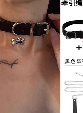 黑色choker皮质项圈铃铛颈链