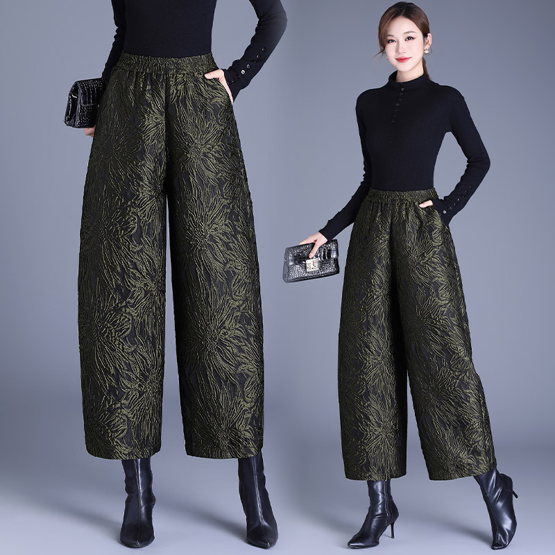 时尚高端裤子女款小个子松紧腰重工提花减龄百搭弯刀裤垮裤休闲裤 - 图1