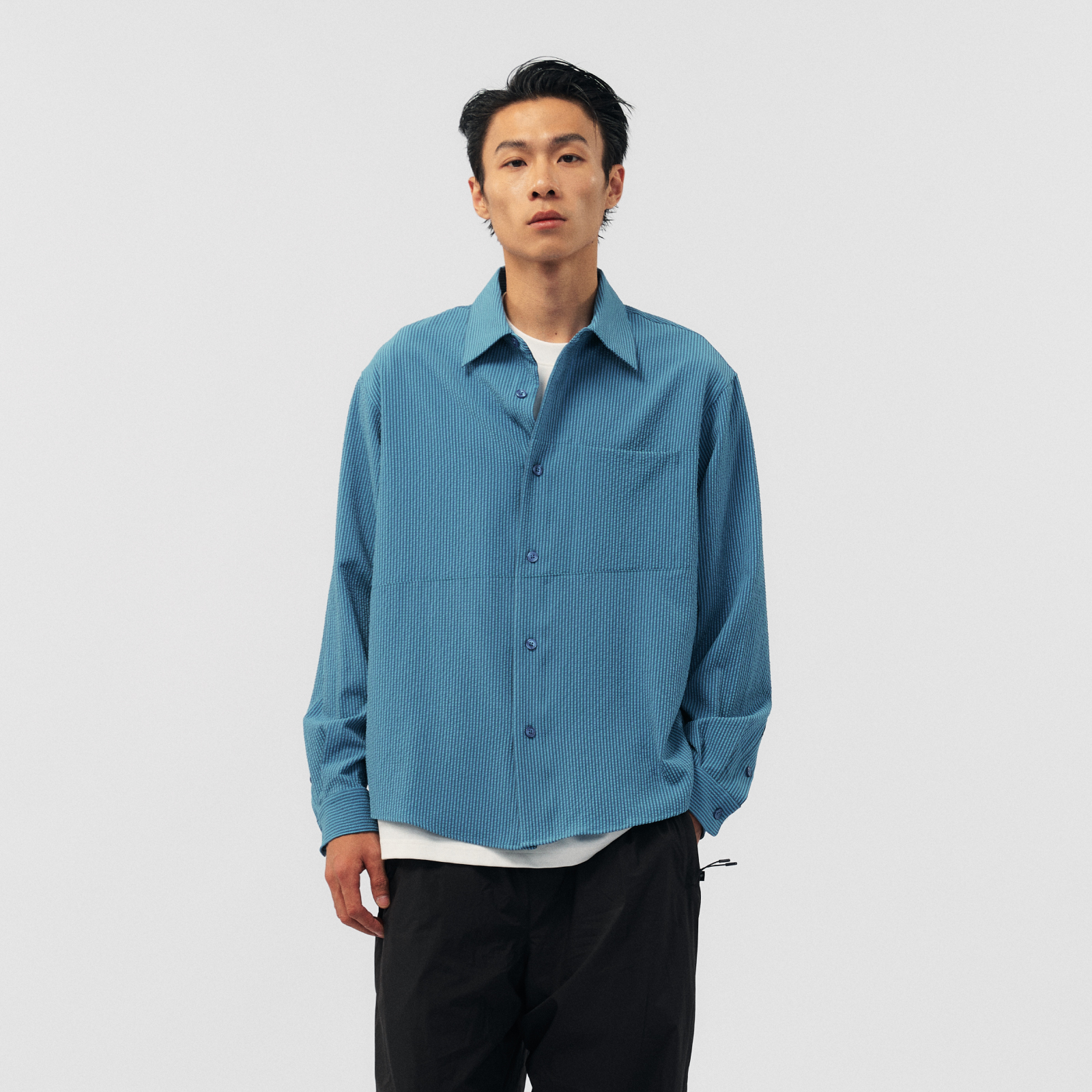 BOHRHOO25AW「极简百搭」泡泡纱暗袋抗皱素色条纹长袖衬衫男女秋 - 图0