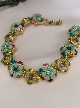 vintage高货黄铜清新彩色珐琅釉镶钻绿色花朵手链手环