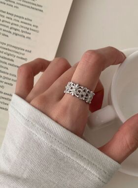S925纯银蕾丝花朵戒指女款中古复古韩国小众设计高级感小红书指环
