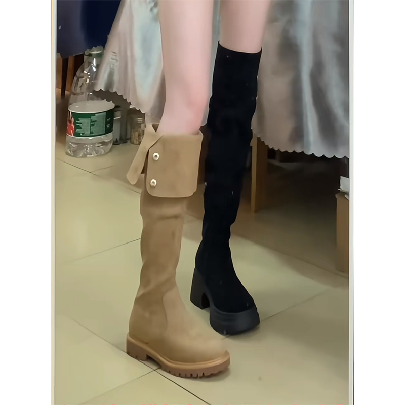 2025秋冬新款两穿翻折高筒靴平底长筒靴女厚底过膝显瘦绒面长靴子,淘宝优惠券,粉丝福利购,淘宝优惠卷