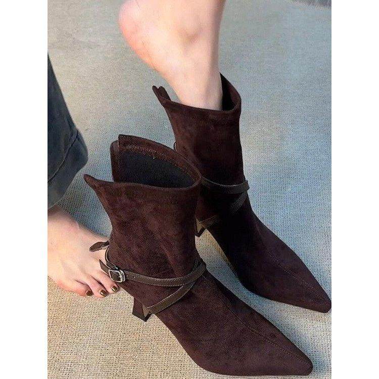 软皮高跟后拉链瘦瘦靴女2025磨砂皮带扣尖头气质短靴复古细跟单靴,淘宝优惠券,粉丝福利购,淘宝优惠卷