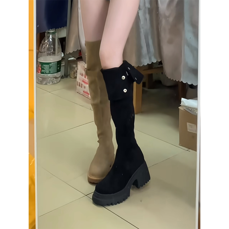 2025秋冬新款两穿翻折高筒靴平底长筒靴女厚底过膝显瘦绒面长靴子,淘宝优惠券,粉丝福利购,淘宝优惠卷