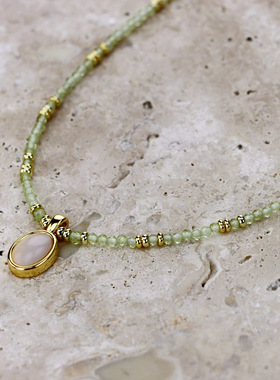 24夏月光母贝橄榄绿锆石水晶串珠项链极细精致叠戴简约小众项链