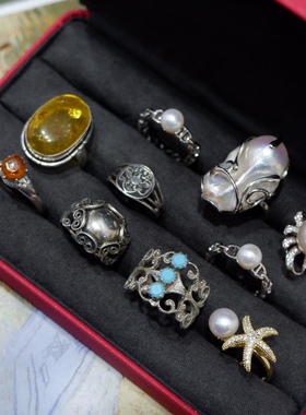 戒指小集 Vintage天然琥珀老银戒指以及店铺自制天然淡水珍珠戒指