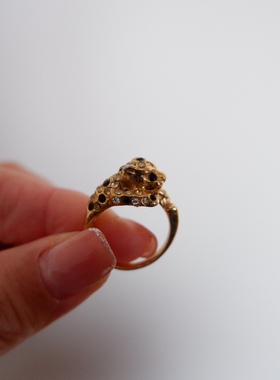 Vintage黑金珐琅立体设计豹子戒指女式