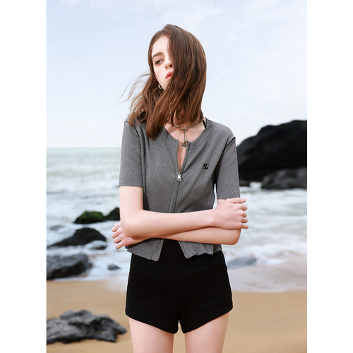 ibudu2025夏季新款坑条针织衫圆领拉链开衫短袖修身短款女 - 图2